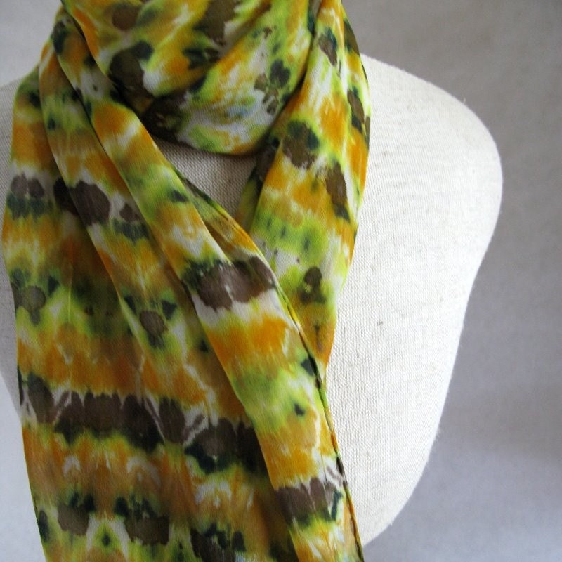 Silk Chiffon Hand Dyed Scarf (Orange, Brown, Greem)