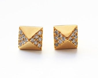 Pyramid Stud Earrings with pave crystals (14K gold dipped)