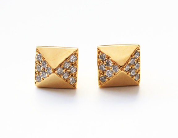 Pyramid Stud Earrings with pave crystals (14K gold dipped)