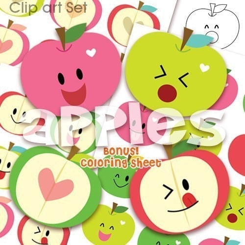 Apples - Special Clip Art Set -  Bonus Coloring Sheet- C01