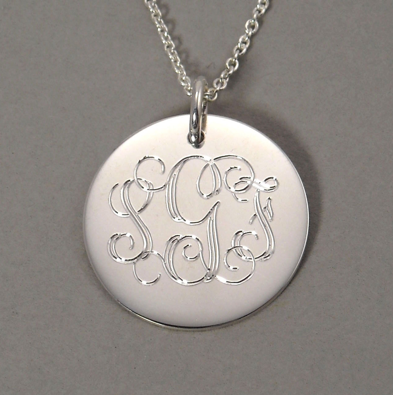 Sterling silver personalized monogram pendant necklace triple initial 3/4 inch round circle disc charm UTLIS