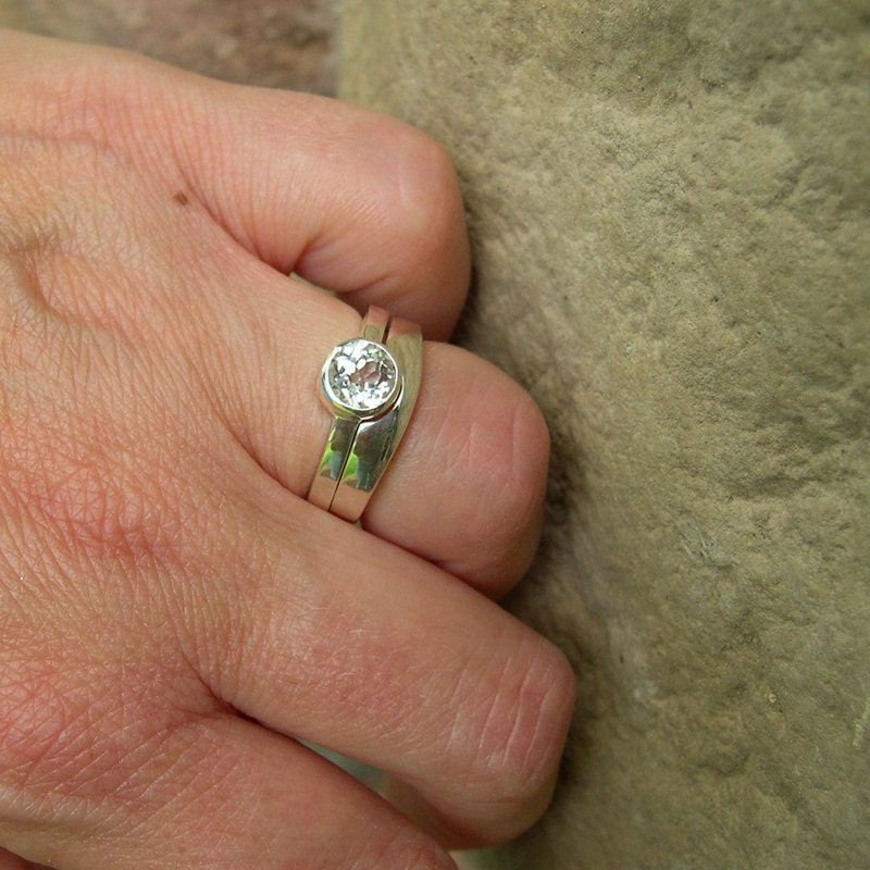 White Topaz Wedding Band Set, Sterling Silver