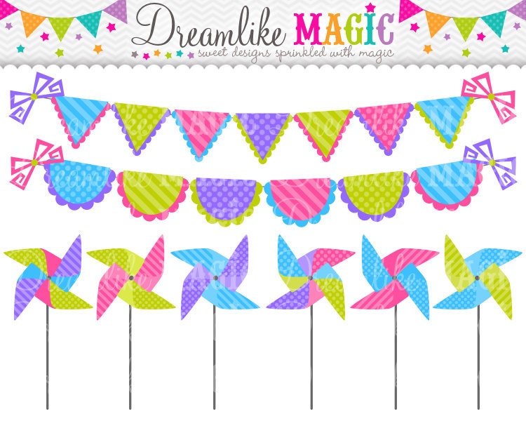 Pinwheels and Buntings- Clipart for Personal or Commercial Use Il_570xn