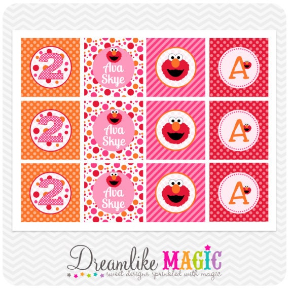 Printable DIY Party Circles and Cupcake Wrappers- Girly Elmo Pink Orange and Red Design