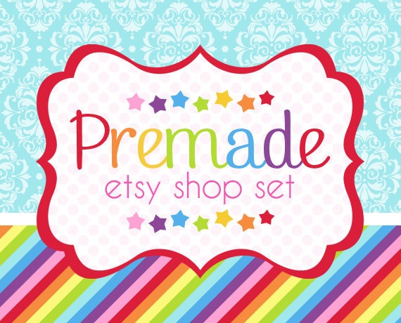 Rainbow with Blue Damask- Premade Etsy Set