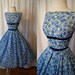 Sweet 1950's blue floral rose print new look party prom dress shelf bust vlv rockabilly - size Extra Small Petite