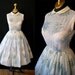 Darling 1950's white and baby blue floral print day sun dress eyelet peter pan collar rockabilly spring - size Small