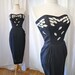 Stunning 1950's black linen sexy curvy strapless cocktail dress with matching shawl with appliques vlv bombshell - size Medium