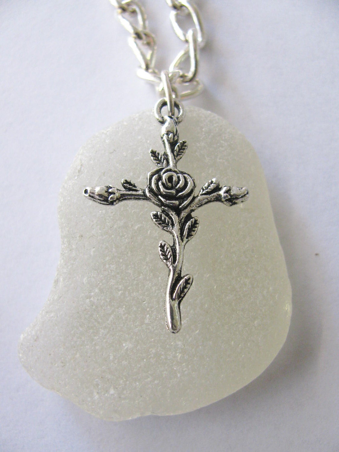 Sea Glass Cross Necklace Jewelry - White Beach Glass