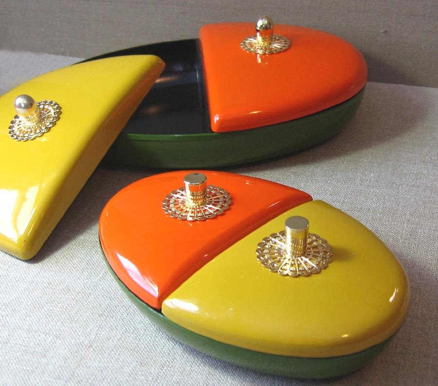 Retro Covered Divided Enameled Dishes 1970s Avocado Orange and Gold