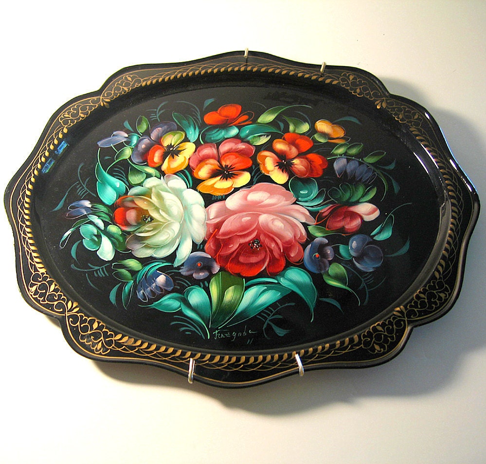 Handpainted Floral Tray Vinrtage Russian Zhostovo Folk Art