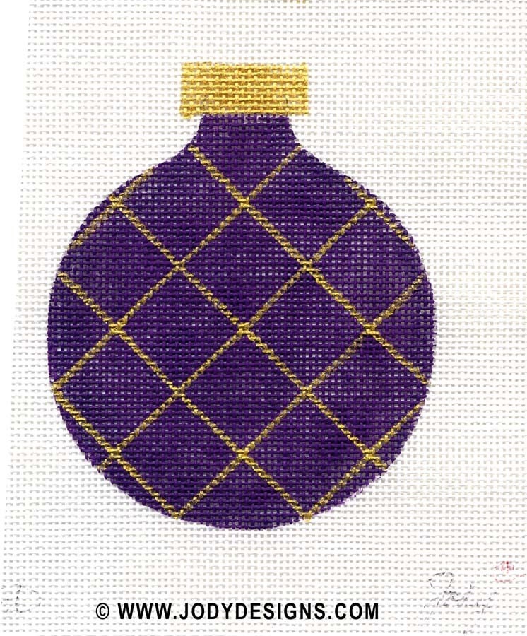 JODY DESIGNS NEEDLEPOINT ORNAMENT  B6D Gold Harlequin pattern on purple, with stars and gold beads
