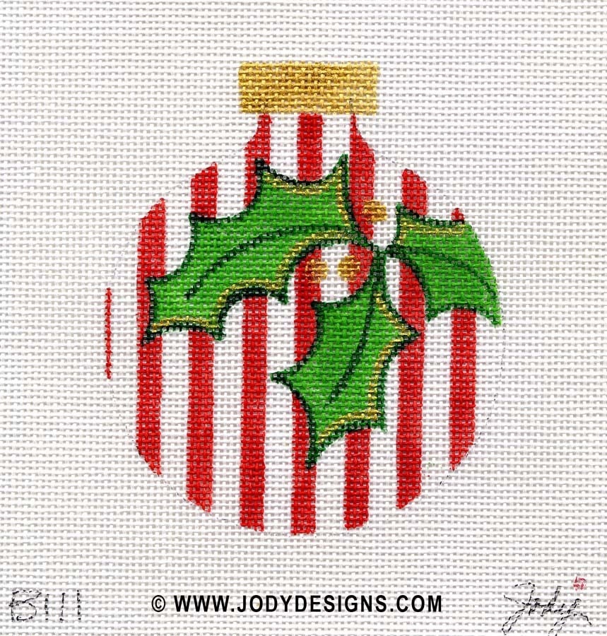 Holly with thin red stripes Needlepoint Ornament - Jody Designs B111