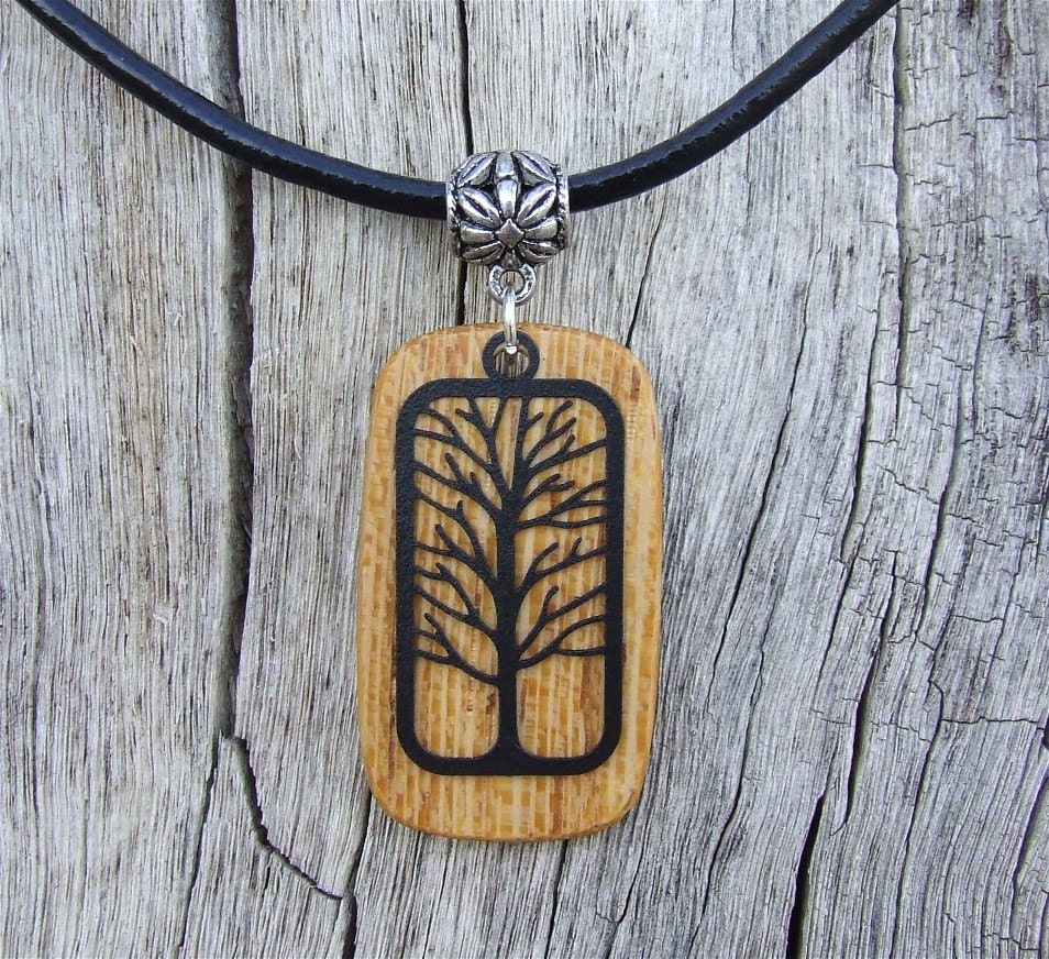 Exotic African Lati Necklace Handcrafted Wood Pendant with Black Tree