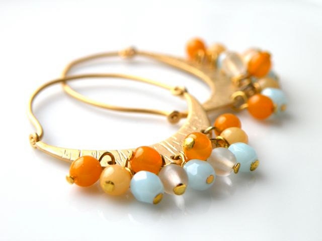 Free Shipping- Gold cresent- half moon summer colors earrings (14k gold plated, .925 sterling silver)