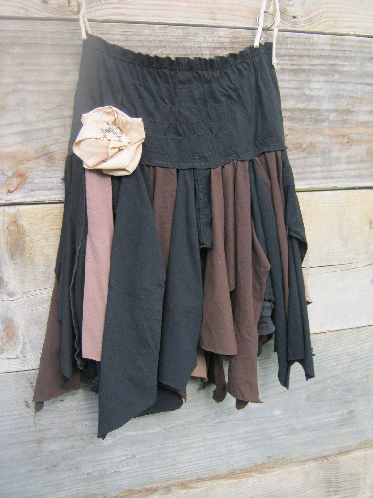 made to order - Funky Eco Tattered Black and Brown Fairy Pixie Mini Skirt