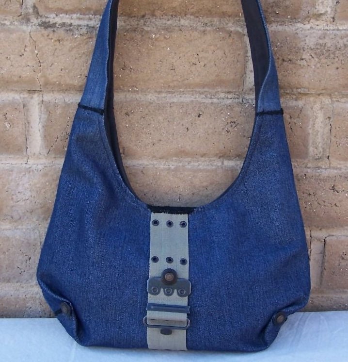 Sale - Boho Denim Utility Saddlebag with Military Style detail - OOAK - Upcycled Eco Style