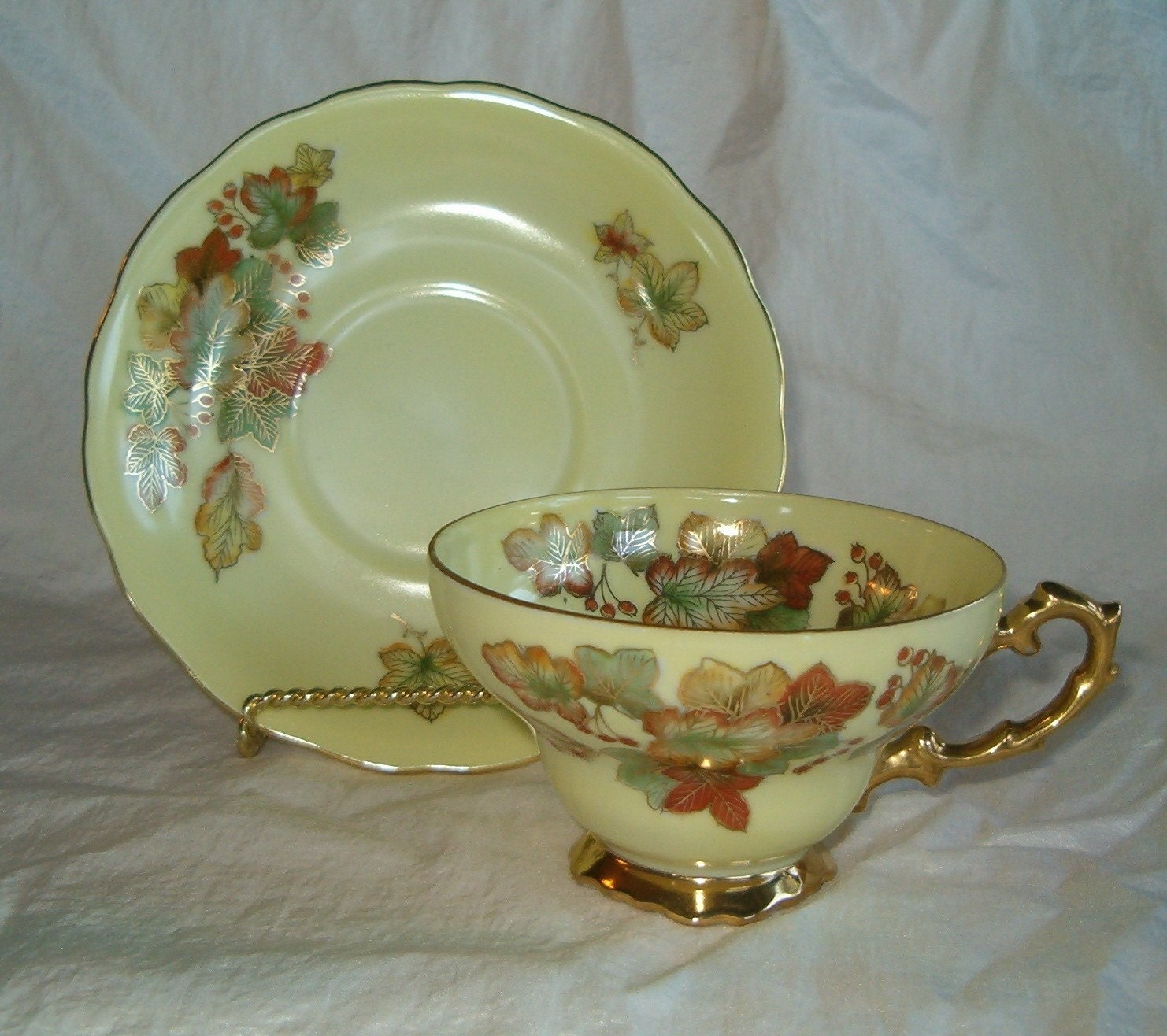 Vintage Chubu China Hand Painted Cherry Yellow Gold Highlight Leaf design Teacup Saucer Plate 4096
