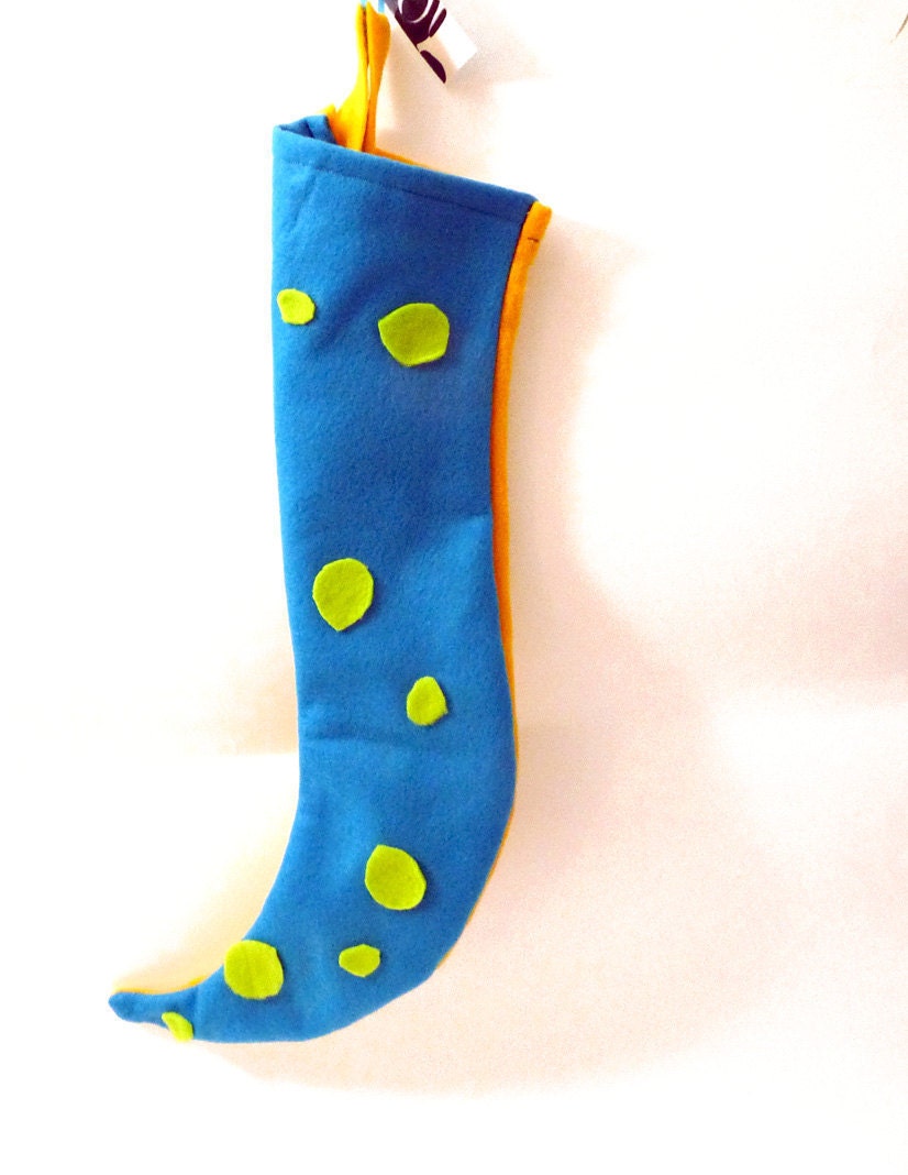 Tentacle Christmas Stocking - Blue & Gold w/ Green Spots- Off beat Holiday Stocking - medium