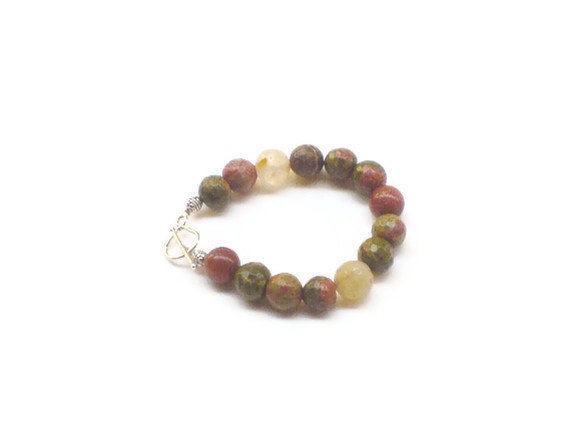 Unakite bracelet with Goldstone and Jade faceted beads
