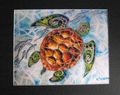 Tropical Tribal Sea Turtle Art  "Honu Island Waters" with silvery fish 8"x10" Print Matted 11"x14" Exotic Hawaii Ocean Water UssherArt