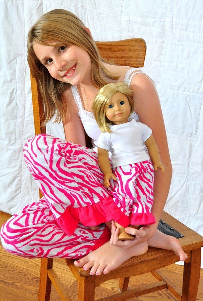 Matching Girl and Doll Clothes. American Girl Matching Pajama Pant Set for Girl and Doll. Sizes 2T-12. Flannel pants. Hot pink zebra print
