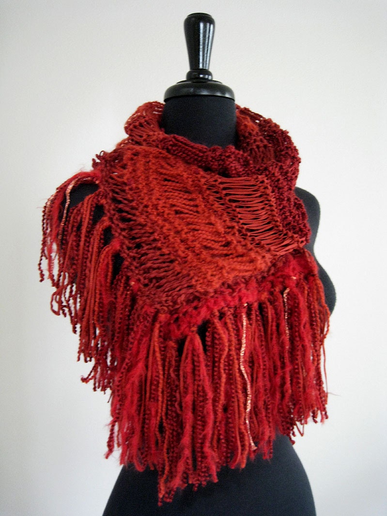 Ruby Red Handknitted Lacy Scarf with Fringes