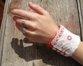 Bracelet Cuff Vintage Red Quilt Old Buttons White Lace Eyelet Upcycled Jewelry Gift For Her Under 20