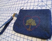 Denim Wristlet ,  Recycled denim, Makeup Bag with Removeable Key Fob