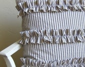 Ruffled blue ticking stripe pillow cover