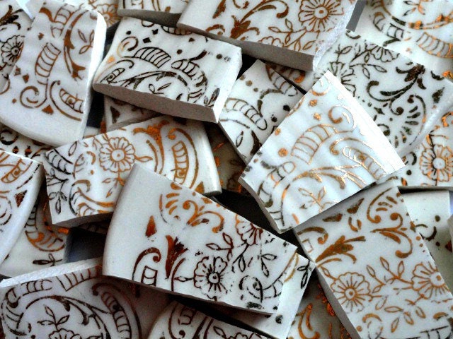Gold Filigree on White Mosaic Tiles