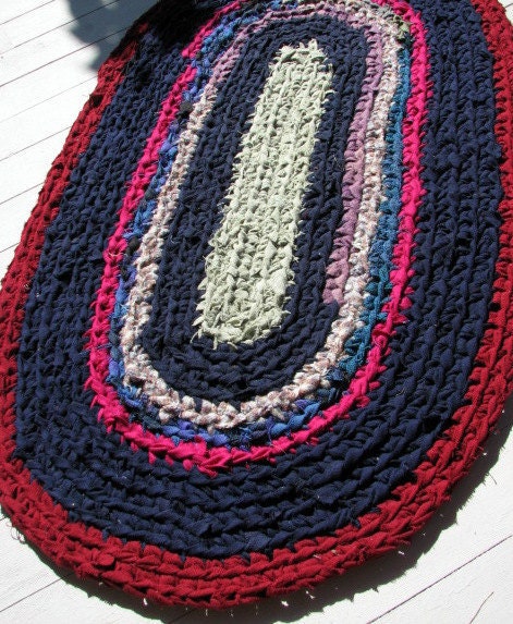 Oval Rag Rug CROCHET wool Fall Home Decor burgundy sage green -Shabby Chic OOAK
