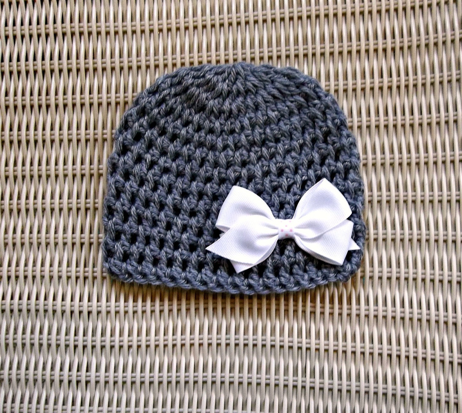 Crocheted Baby Beanie, Removable Bow, Photo Prop, Newborn