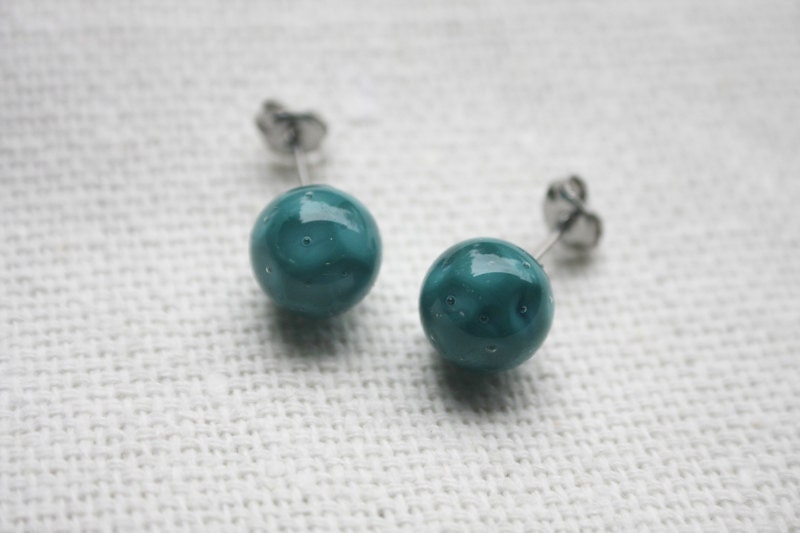 Teal Glass Earrings - Honey Comb Glass with Bubble Inclusions - Surgical steel studs with lampwork bead earrings