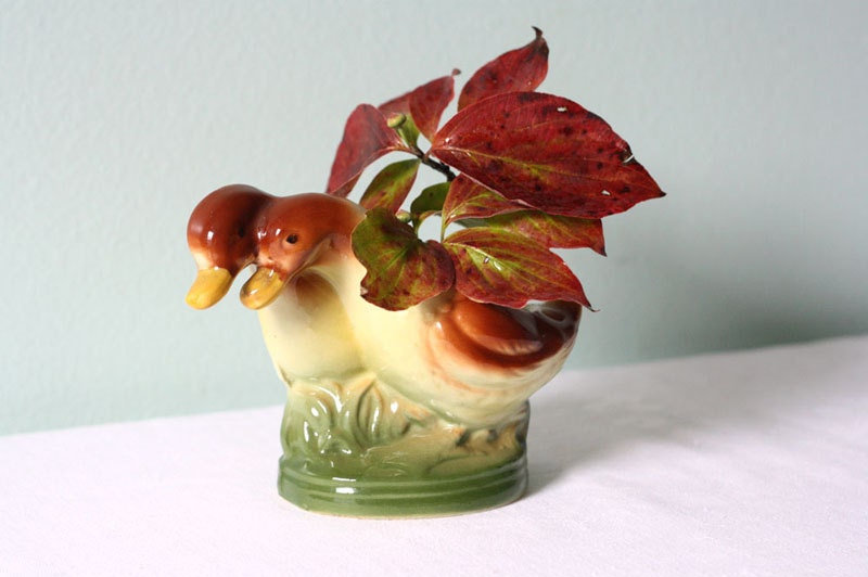 Pair of Ducks Vintage Ceramic Vase Planter