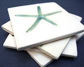 Aqua Starfish Coasters, Ceramic, Pottery, Set of 4, Unique, Makes a Great Gift