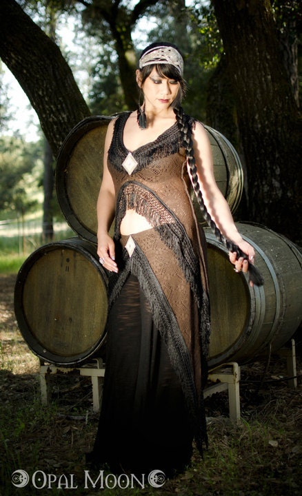 Made to Order- The Deco Willow Ensemble in Brown or Black Crochet w/Fringe & Beaded Appliques by Opal Moon Designs (size S/M or M/L)
