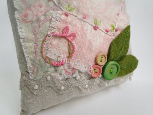 Ring pillow, pink  green wedding, felt, embroidery, personalized