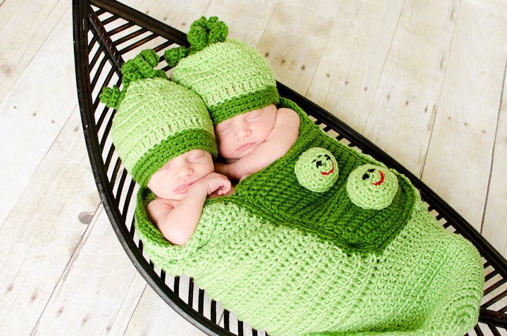 Crochet Newborn 2 Sweet Peas in a Pod Cocoon and Hat Set TWINS