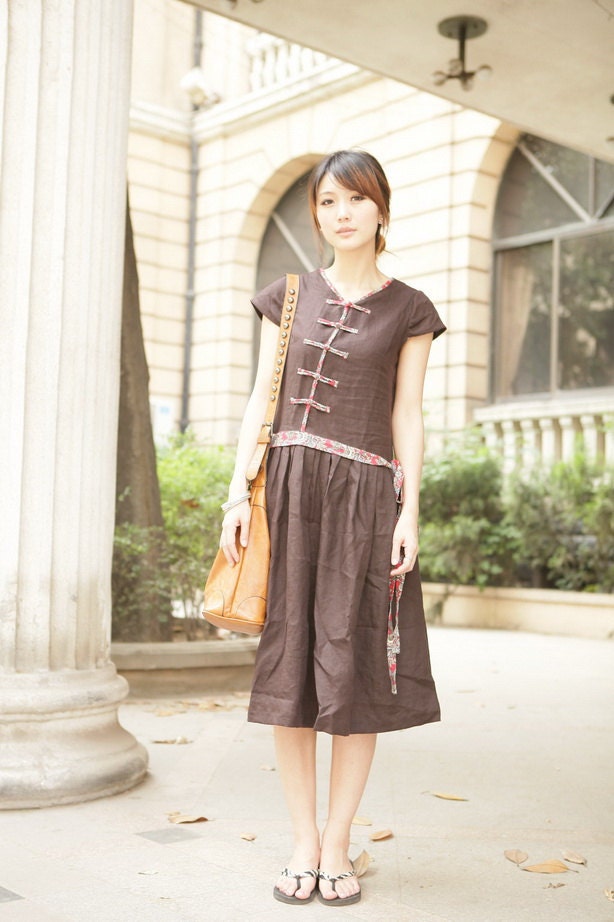 Chinese folk style button sundress in brown(more colour and size choice) -A1006