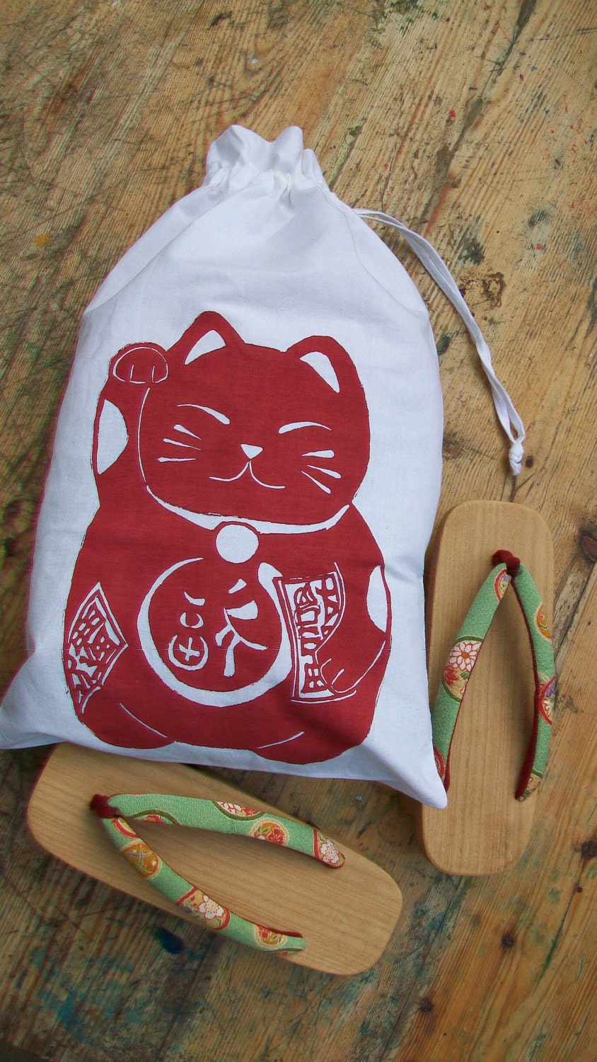 Hand block printed cotton drawstring bag Maneki Neko Cat kawaii
