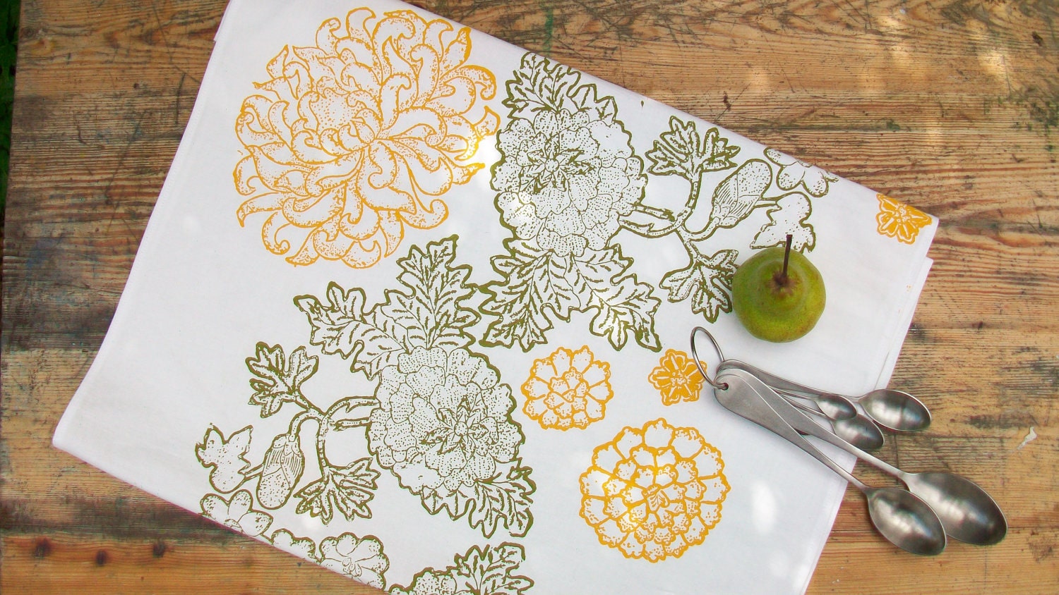 Tea towel Hand block printed exotic Peony kitchen towel yellow