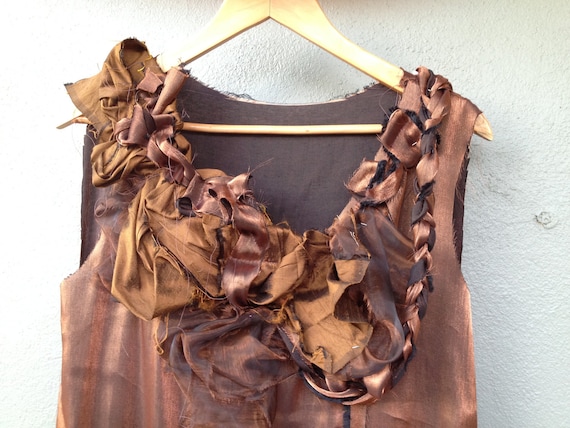 Autumn Leaves - Folded and Plaited Copper Maxi Dress. Brown silk and Jacquard Long dress. Long Brown rustic silk dress.