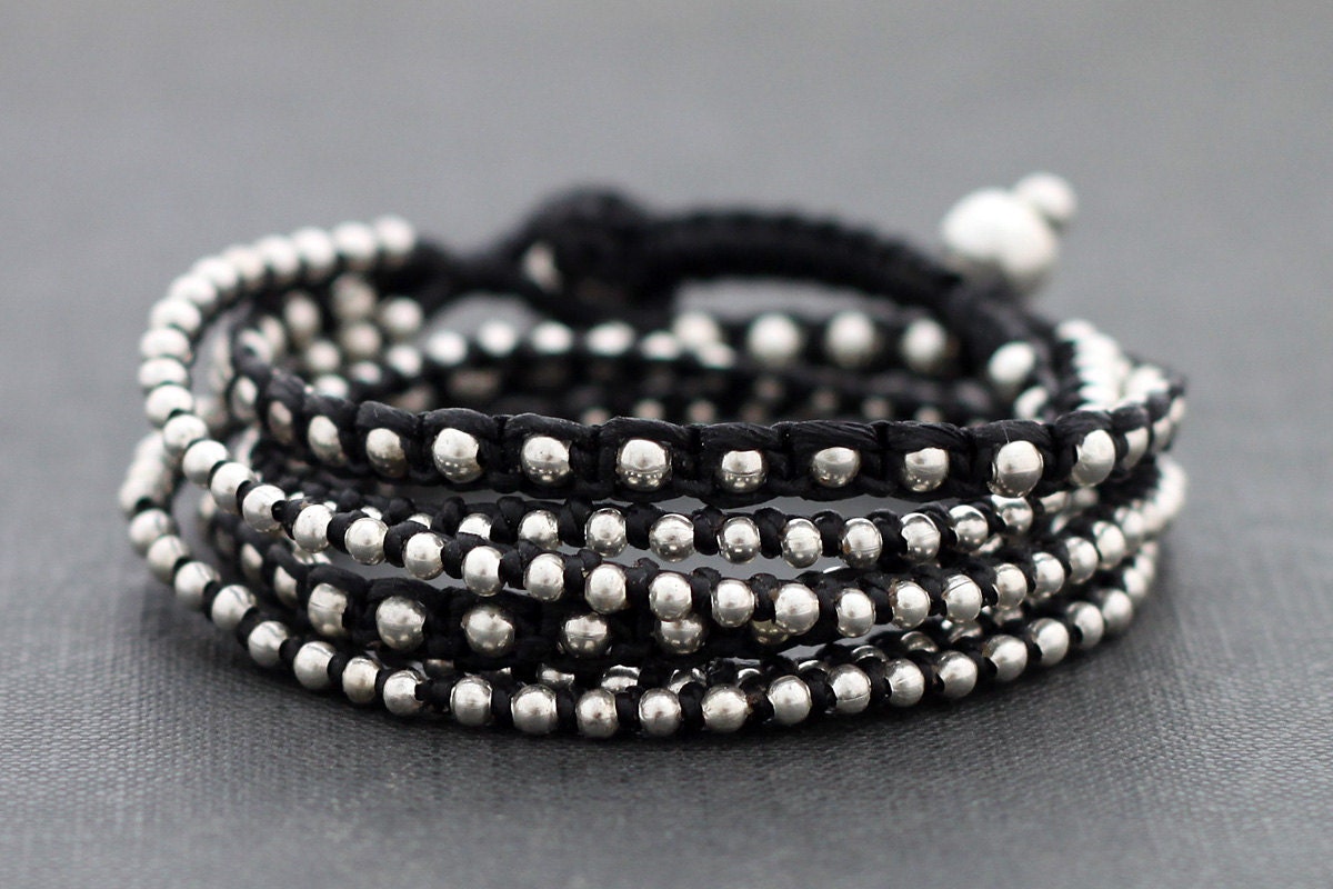 Black Boho Rock Warp Silver Bracelet Necklace