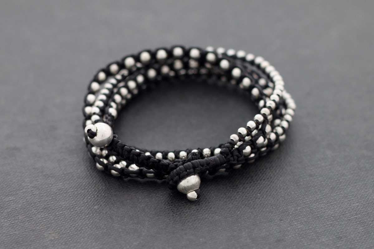Black Boho Rock Warp Silver Bracelet Necklace