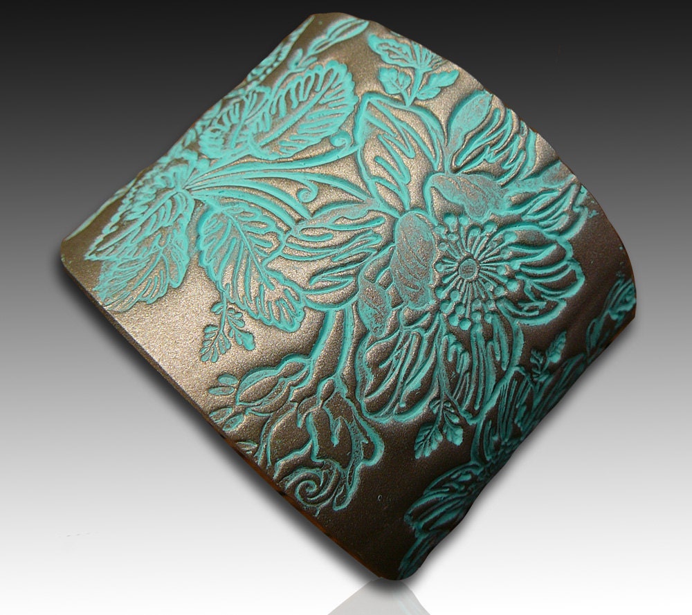 Japanese brocade polymer clay cuff bracelet in silver and aqua
