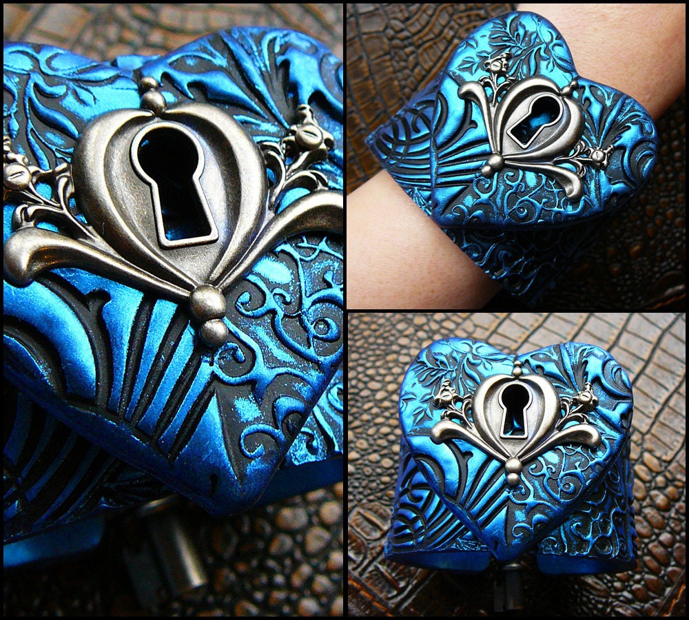The key to my heart polymer clay cuff blacelet in blue sapphire