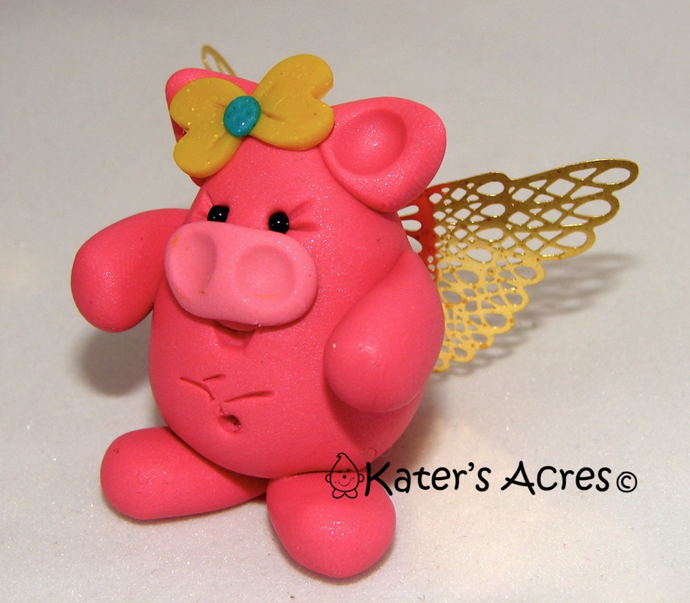 CHUBBY FLYING PIG with Golden Wings - Polymer Clay Animal - Made to Order
