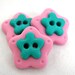 Pink FLOWER Polymer Clay BUTTONS - Set of 3 - Light Pink & Metallic Green