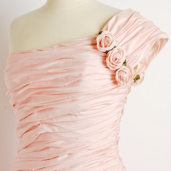 BALLERINA Pink Wedding Dress / Short Wedding Dress / Pink Prom Dress / Bridesmaid Dress / Vintage One Shoulder 1970s Pink Rose Dress